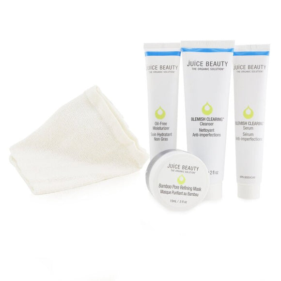 Juice Beauty Blemish Clearing Solutions Kit Cleanser Serum Moisturizer Mask Washcloth (Exp. Date: 08/2023) 4pcs 1cloth