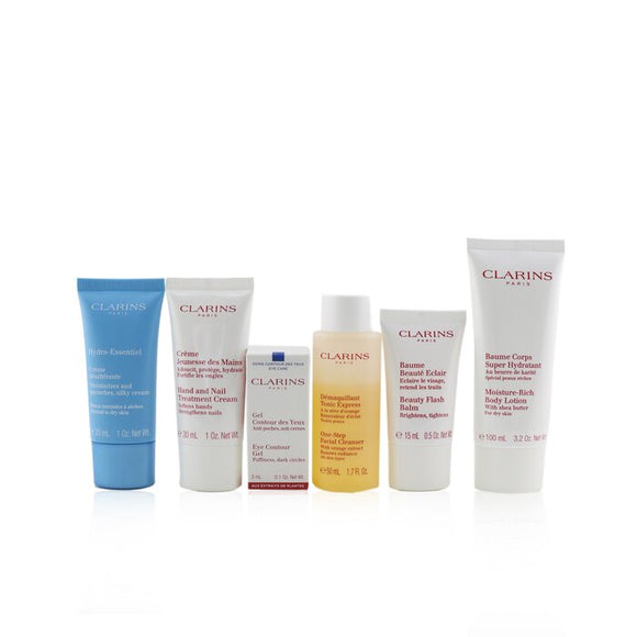 Clarins Head-to-Toe Moisturizing Essentials Set: Facial Cleanser+Eye Gel+Beauty Flash Balm+Hydra-Essentiel Cream+Body Lotion+Hand 6pcs