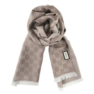 Gucci HALF GG LOGO WOOL SCARF 344994 Taupe Beige