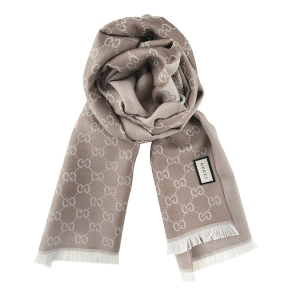 Gucci HALF GG LOGO WOOL SCARF 344994 Taupe Beige