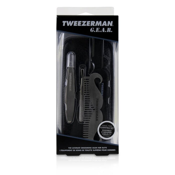 Tweezerman G.E.A.R. Travel Tool Essentials Set: Mini Slant Tweezer Mini Skin Care Tool Moustache Comb Precision Folding Razor Bag 4pcs 1 Bag