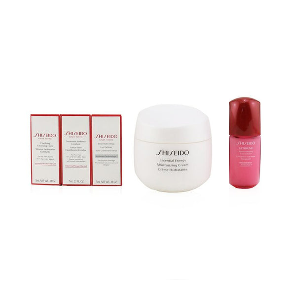 Shiseido Age Defense Ritual Essential Energy Set (For All Skin Types): Moisturizing Cream 50ml + Cleansing Foam 5ml + Softener Enriched 7ml + Ultimune Concentrate 10ml + Eye Definer 5ml 5pcs+1pouch