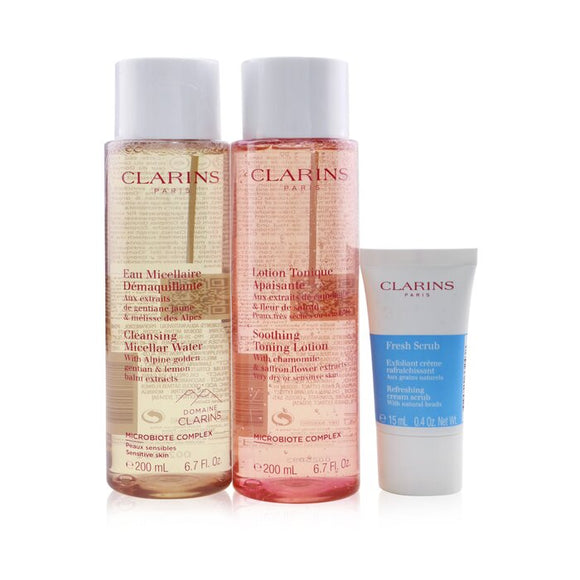 Clarins Perfect Cleansing Set (Very Dry or Sensitive Skin): Micellar Water 200ml+ Toning Lotion 200ml+ Fresh Scrub 15ml+ Bag 3pcs+1bag