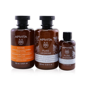 Apivita Holly Jolly Treats Set: Shine &amp; Revitalizing Shampoo 250ml+ Pure Jasmine Shower Gel 250ml+ Pure Jasmine Body Milk 75ml 3pcs