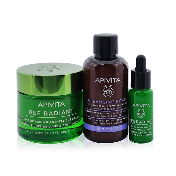 Apivita Fresh & Glow (Bee Radiant- Rich Texture) Gift Set: Cream 50ml+ Serum 10ml+ Cleansing Creamy Foam 75ml+ Pouch 3pcs+1pouch