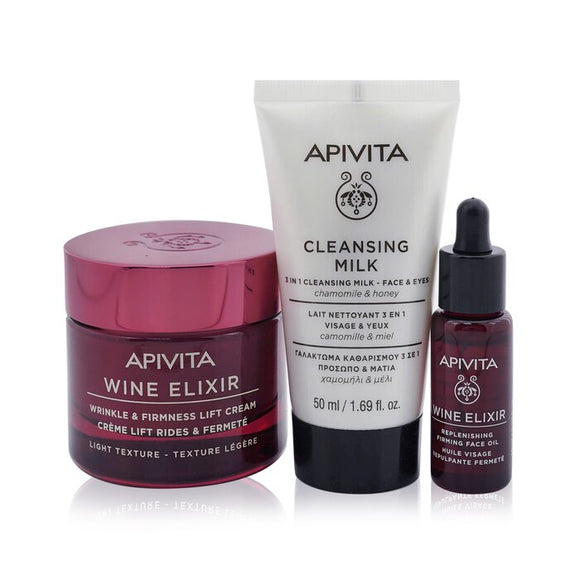 Apivita Di-Vine Beauty (Wine Elixir- Light Texture) Gift Set: Wrinkle Lift Cream 50ml+ Face Oil 10ml+ Cleansing Milk 50ml+Pouch 3pcs+1pouch